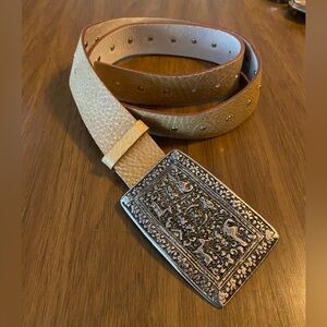 Vintage Garuglieri Large Tan Leather Belt Silver Buckle Western Boho 80s 90s